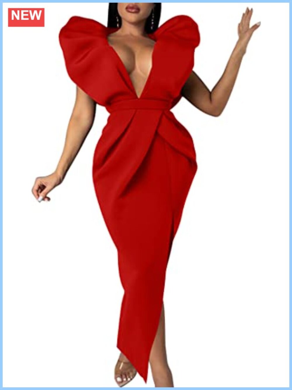 Memoriesea Women's Deep V Neck Puff Sleeve Side Split Ruched Backless Midi Gown